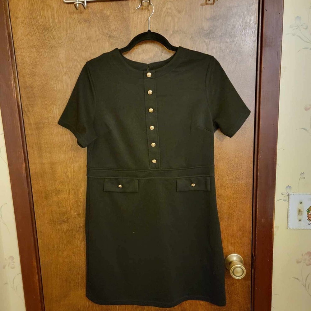 Black Short-Sleeve Mini Dress with Gold Buttons